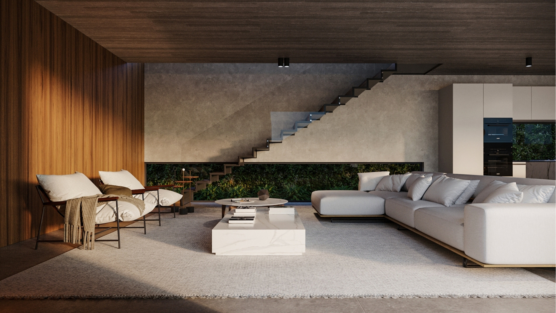 Sala de estar com concreto e madeira